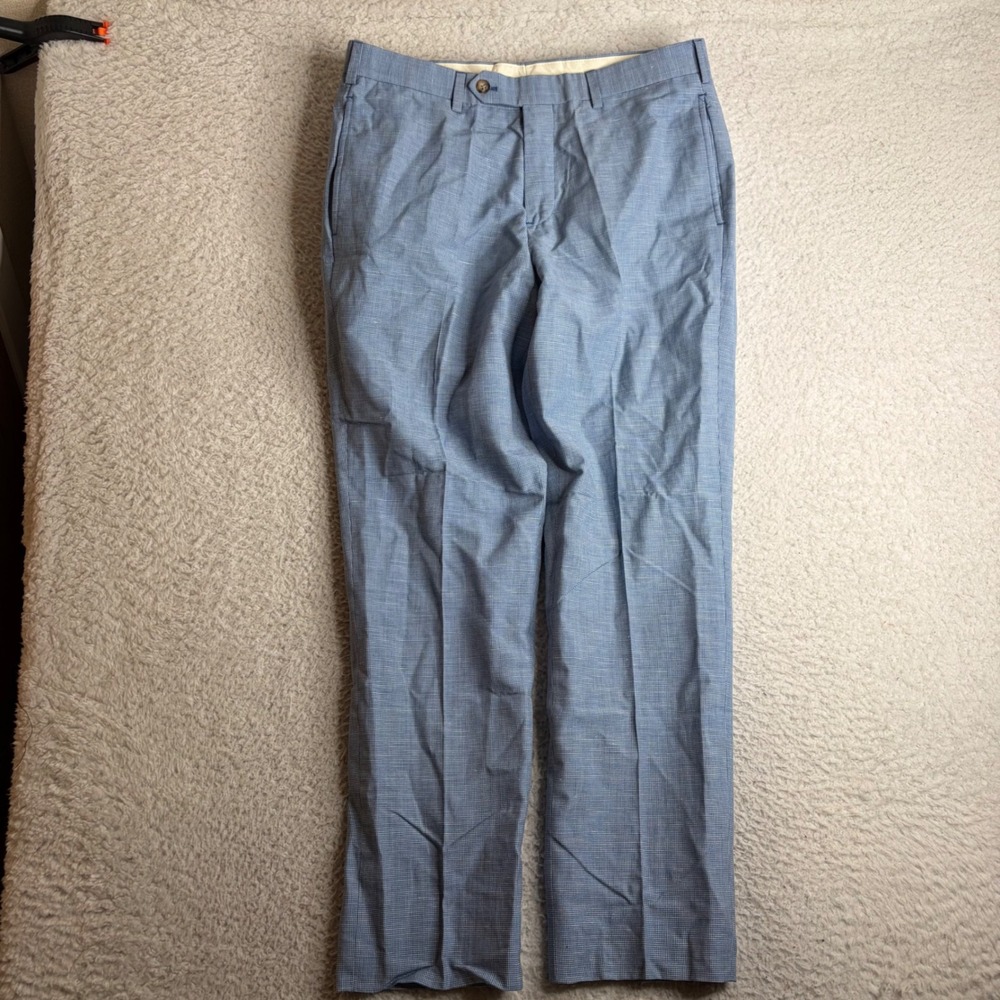 Brooks Brothers Pleated Blue Wool Linen Micro Check Dress Pants 34x30 (32x29)